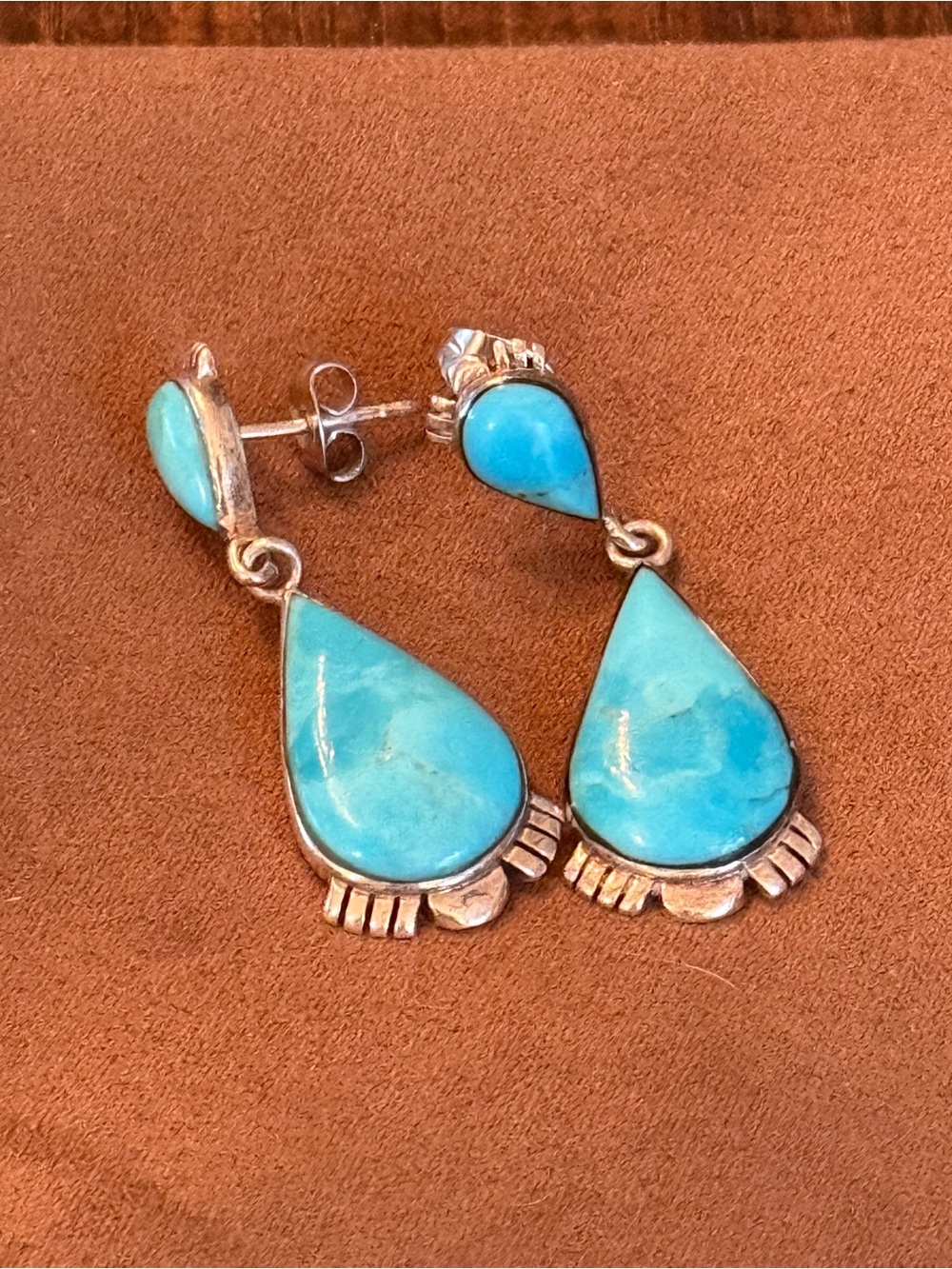 Turquoise Teardrop Dangle Earrings - Blue Stone Silver Setting
